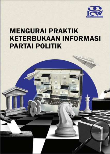 Mengurai Praktik Keterbukaan Informasi Partai Politik Desain muka Laporan Penelitian Mengurai Praktik Keterbukaan Informasi Partai Politik dengan komposisi warna teks hitam, background bewarna putih gading, dan diisi dengan ilustrasi papan catur, bidak catur, serta lemari yang terbuka dengan dokumen-dokumen di dalamnya berterbangan